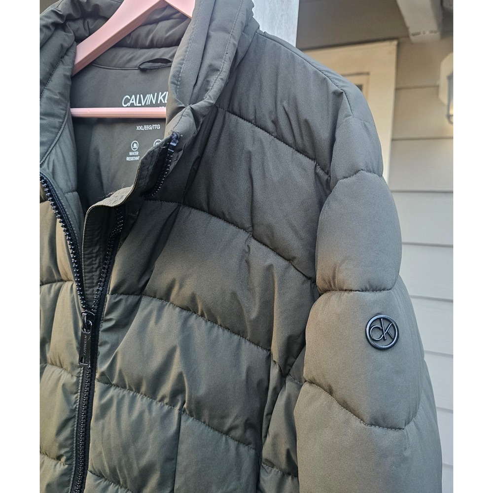 Calvin Klein Puffer Coat Mid Length Olive Green Sorona Aura Water Resistant 2XL - Picture 4 of 14